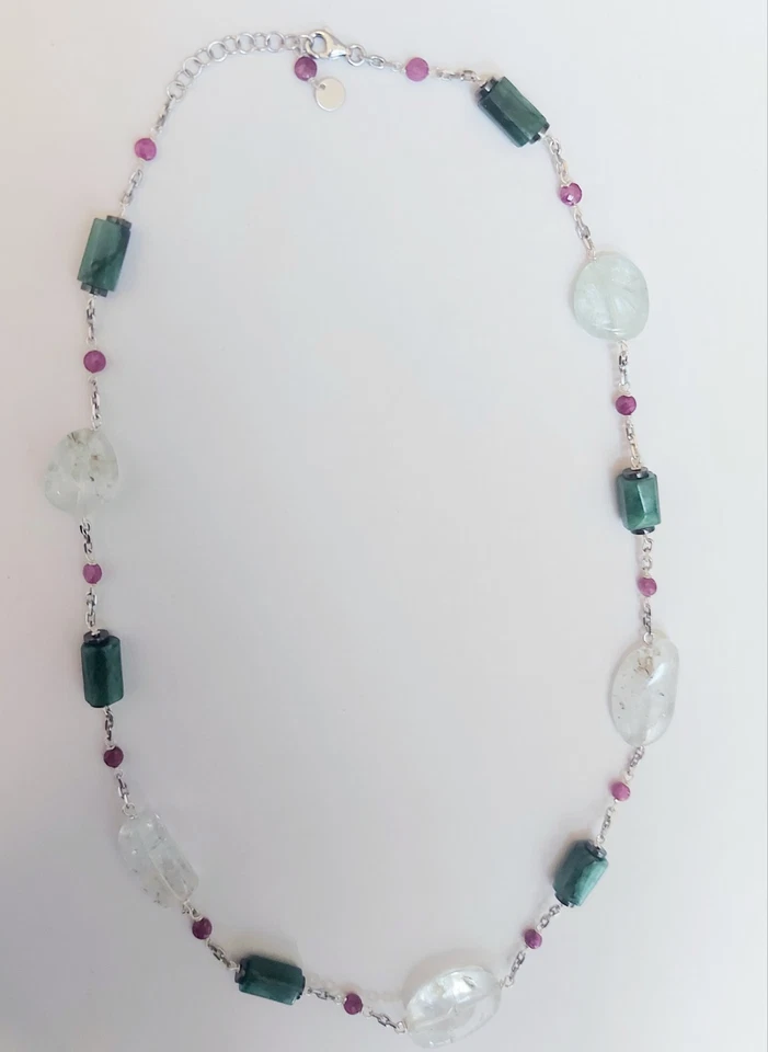 collana in argento 925 con acquamarina, smeraldi con dischi di ematite e rubini - Immagine 2 di 4