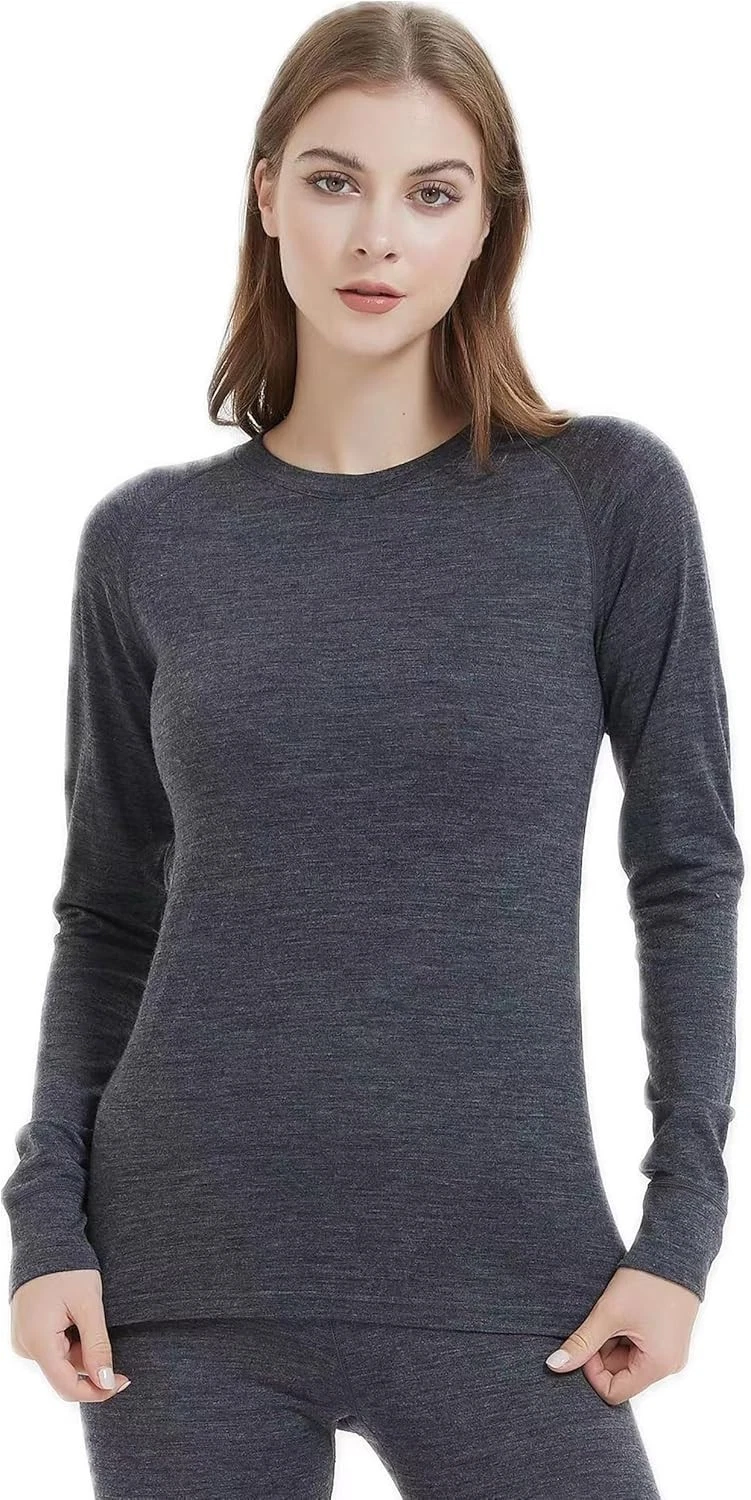 Women 100% Merino Wool Base Layer Top Midweight Winter Ski Warm Underwear Shirts