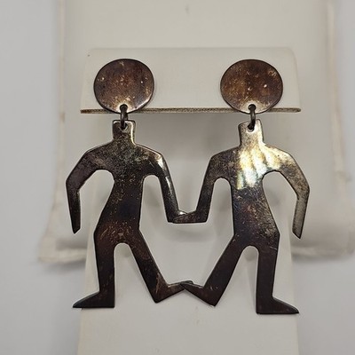 Vintage Silver Tone Articulated Person Dangle Earrings New Orleans Artist Made