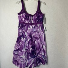 Calvin Klein Purple Floral Rose Print Cotton Silk Trim Fit Flare Dress 10 NEW