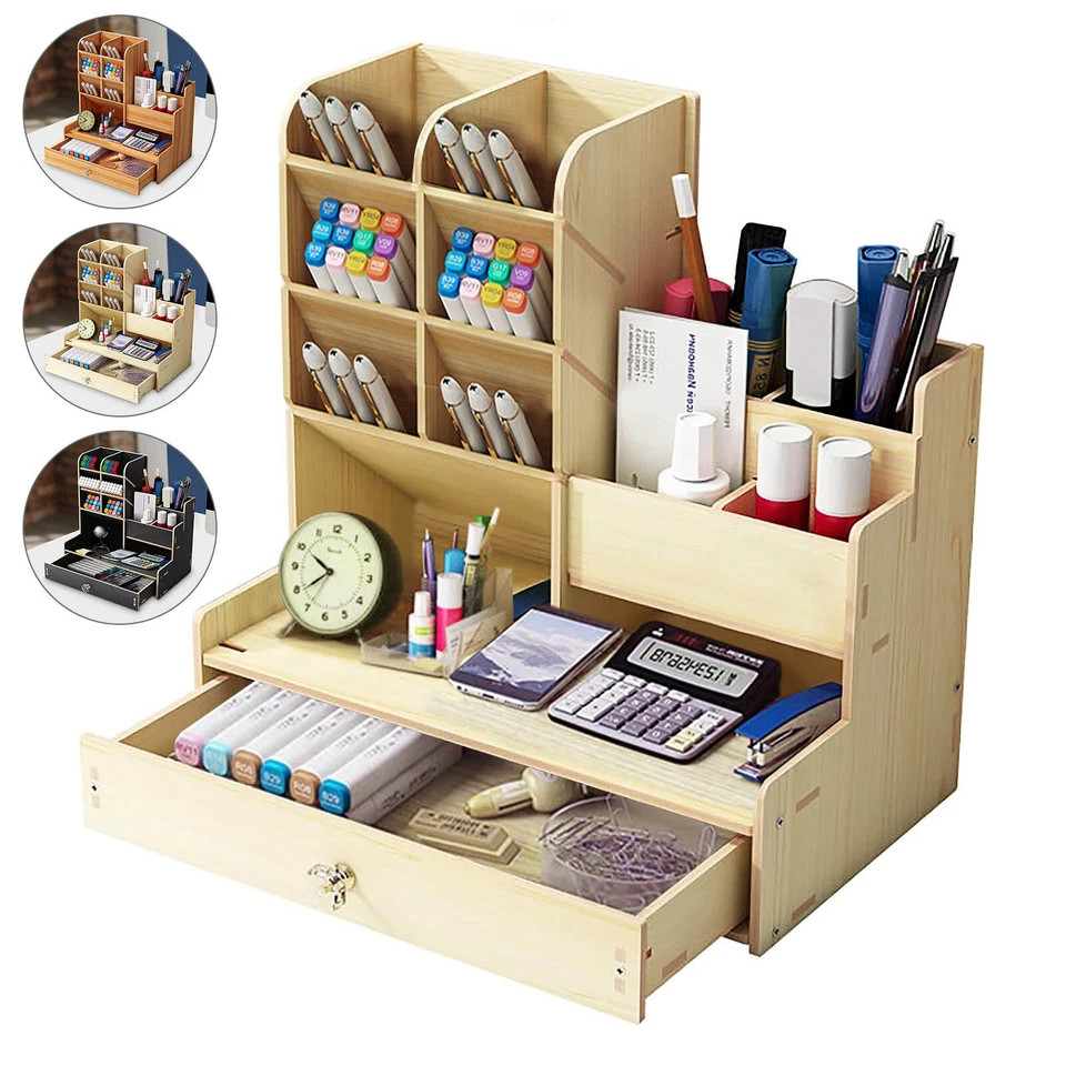Office Study Desk Organizer Table Box Tidy Case Wooden Pen Pencil Storage Holder - Image 3 of 4