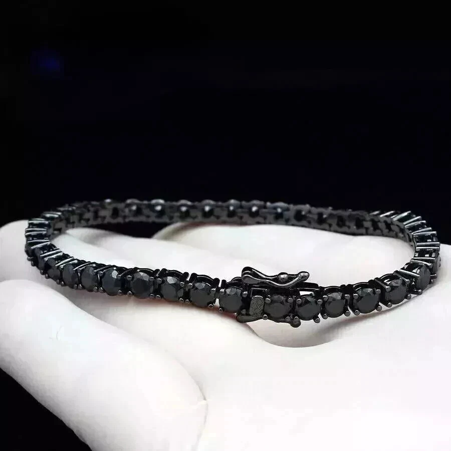 Brazalete de tenis redondo de diamantes negros para hombre de 3 mm enchapado en oro negro de 14 quilates de 8" Foto 2 de 4