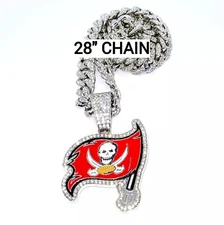 TAMPA BAY BUCCANEERS GEM NECKLACE Silver Bling Buccs Hip Hop Pendant & 28" Chain