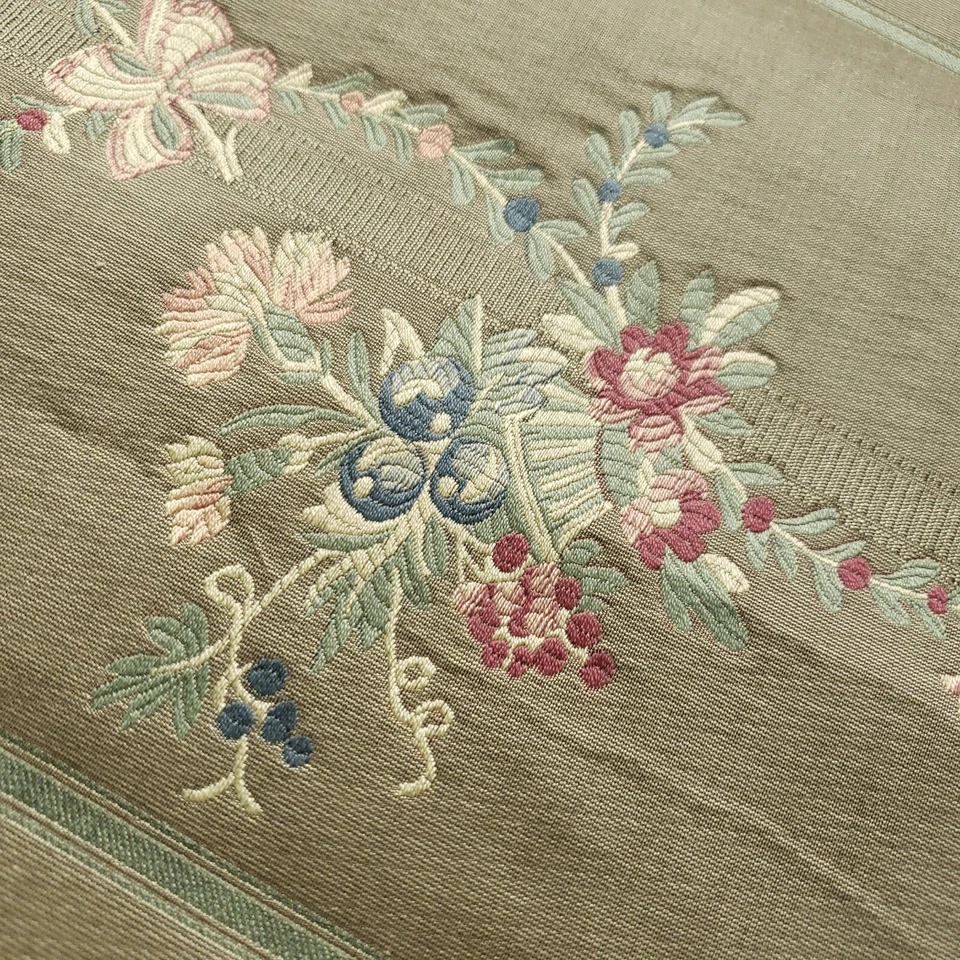 Vintage Olive French Stripe Floral 100% Cotton Upholstery Fabric 50" B/T Yard - Image 3 of 4