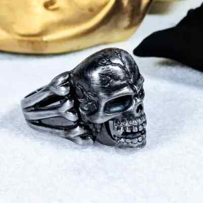 Skull Bones Ring Men's Size  13 Gunmetal Black Grey Rock Metal Biker Custom New