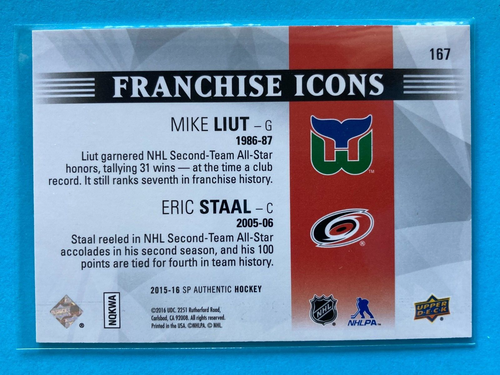 2015-16 SP Authentic #167 Mike Liut / Eric Staal Future Icons 033/199 - Picture 2 of 2