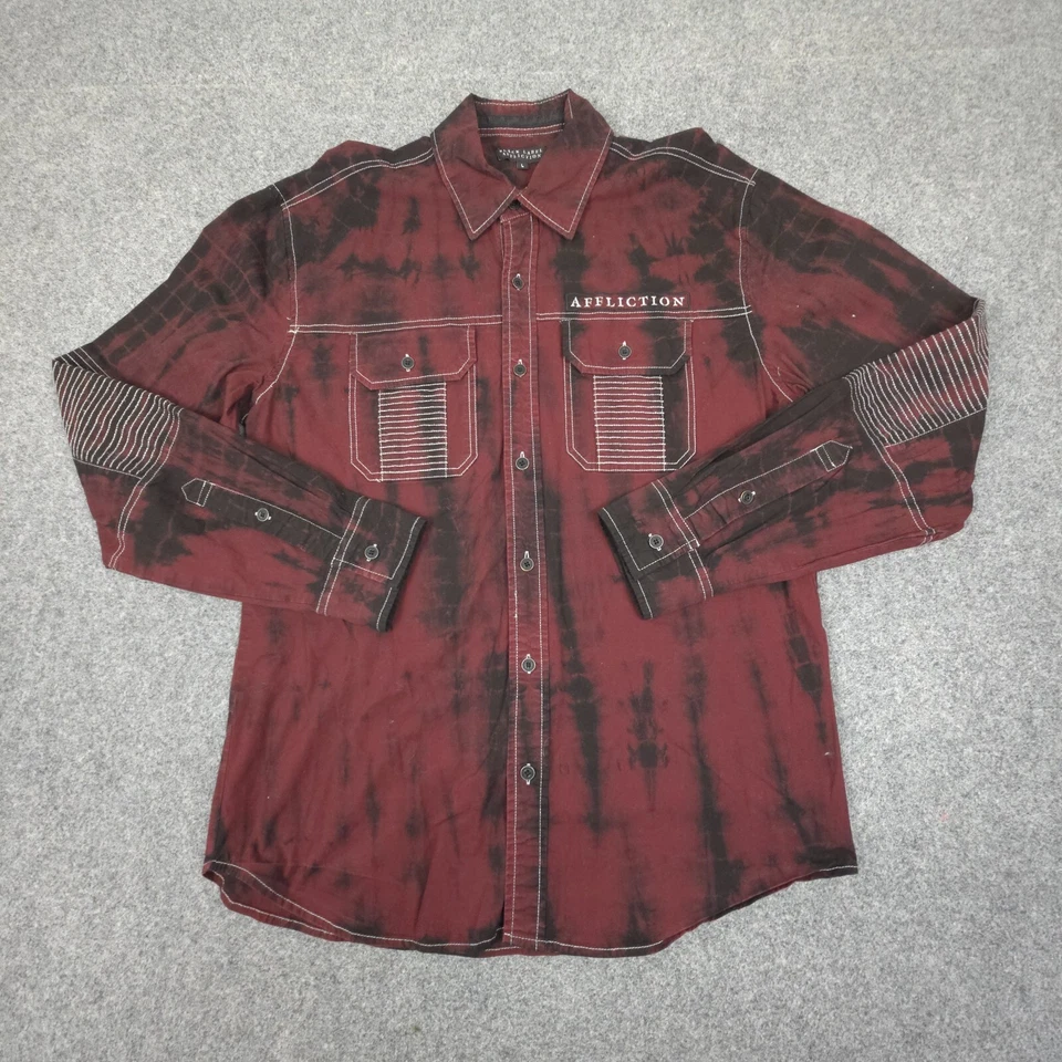 Vtg Affliction Shirt Mens LARGE red skull rose Long Sleeve Button Up y2k Size L - image 2 of 4
