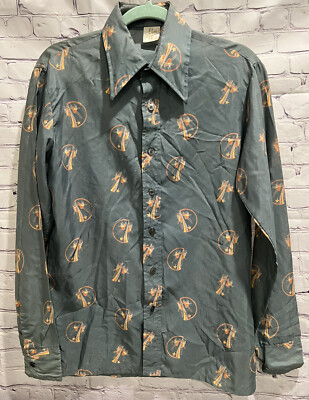 VTG 90 s Gold Mine Men s Green Fairy Tail Long Sleeve Collared Button Up Shirt M