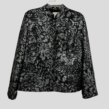 Chico's Jacket Women s 2 Large Silver Black Metallic Animal Print Snap Front