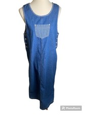 Vintage 90s Blue Denim Maxi Dress With Front Gingham Pocket. Size M