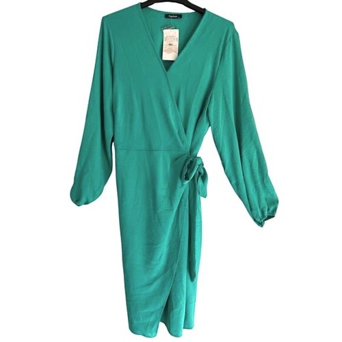 Fashion Brand Dress Womens Size XL Green Midi Long Sleeve Wrap Tie Side Zip NEW