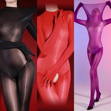 9C Tights 5D Oil Glossy Bodysuit Sheer See Through One-Piece High Neck Leotard