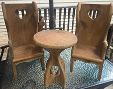 Vintage Handcrafted Wooden Doll Furniture Set 2 Heart Cutout High-Back Chairs