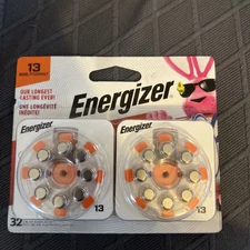 Energizer Hearing Aid Batteries, Battery Size 13, Orange Tab, 32 Pack