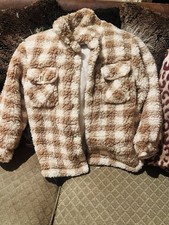 Girls Size 8Plaid Sherpa Jacket with Dual Chest Pockets in Brown and White Plaid