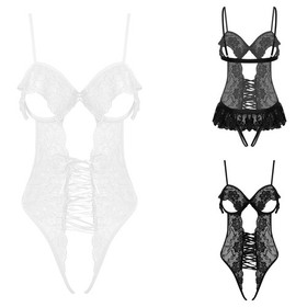 Women Lace Bodysuit Ruffled Trim Nightwear Romantic Lingerie Pajamas Leotard