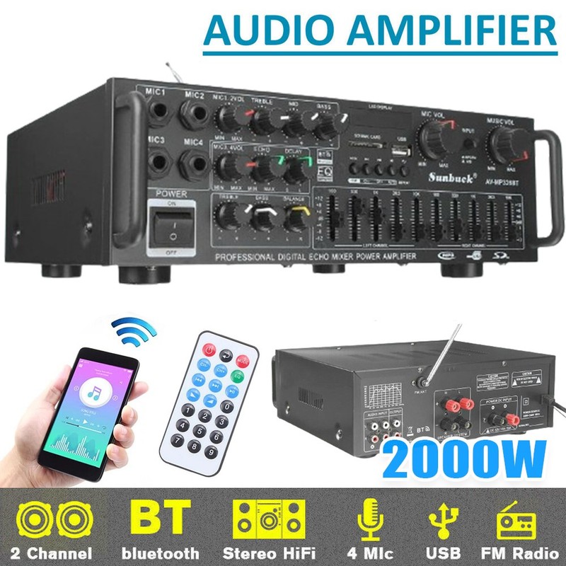 2000W Digital Power Amplifier Bluetooth Stereo HiFi Audio 2CH USB SD FM Remote