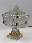 Vintage Jeanette Clear Glass Wedding Cake Box Candy Box Trinket Box Gold Trim