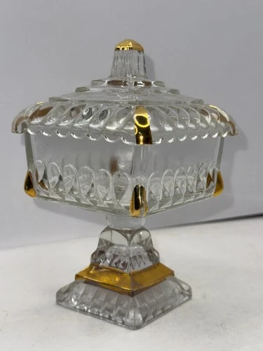 Vintage Jeanette Clear Glass Wedding Cake Box Candy Box Trinket Box Gold Trim