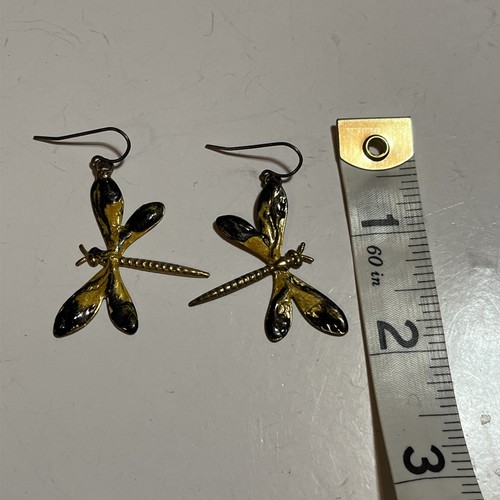 Enameled Yellow & Black Dragonfly Pierced Dangle Earrings - Picture 2 of 4