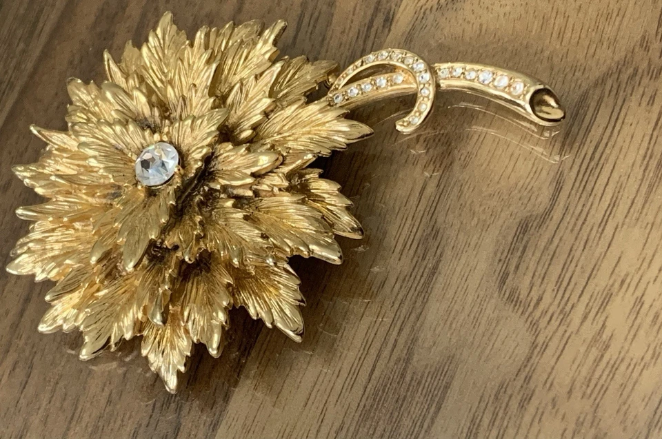 "Broche de perlas Erwin vintage pavé dorado estrás flor grande mediados de siglo 3""" Foto 3 de 4