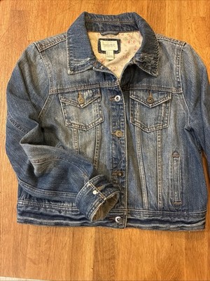 Forever 21 Denim Jacket Floral Inside Yoke Women Size L Button Up Spring BOHO