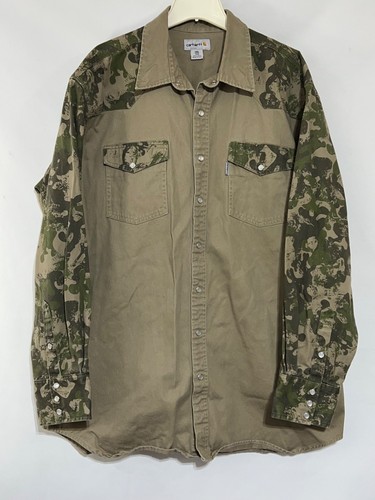 Carhartt Pearl Snap 2XLT camicia uomo mimetica marrone abbigliamento da lavoro caccia western outdoor t - Foto 2 di 9