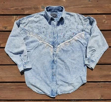 Vintage Next Move Denim Fringe Embellished Beaded Cowgirl Rodeo Shirt Womens