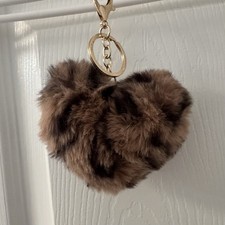 Leopard Print Faux Fur Heart Bag Charm Keychain Black Brown Spots