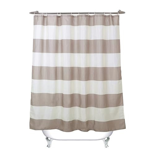 Shower Curtain Set Taupe Tan Cream Stripes Waterproof Fabric Bathroom Curtains - Picture 2 of 7
