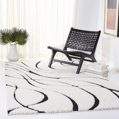 Florida Shag 5' Square Area Rug - Ivory & Black, Non-Shedding, Easy Care
