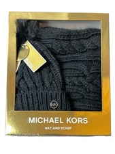 Michael Kors Black Pom Knit Beanie Hat  Scarf 2-Pc Gift Set NIB 88