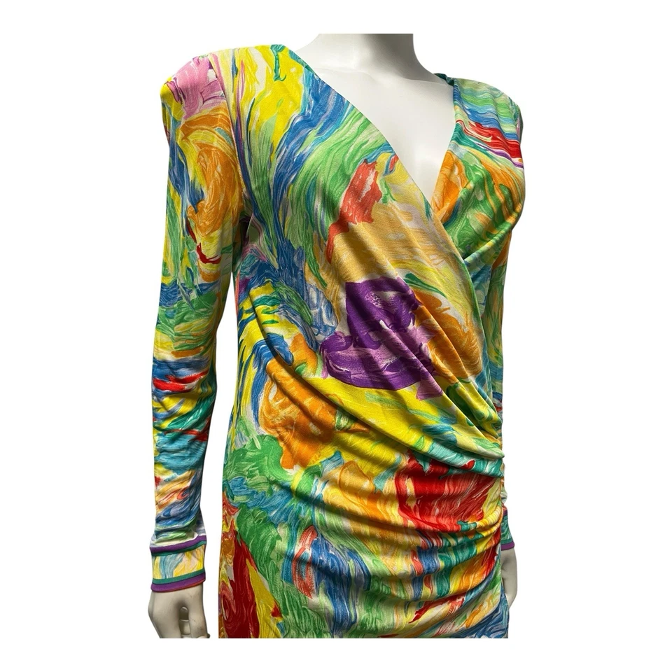 Vintage Leonard Paris Colorful Silk Jersey Ruched Dress M - Image 2 of 4