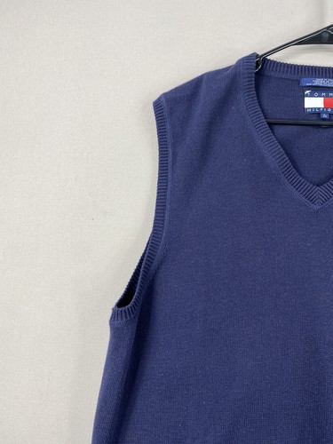 Chaleco vintage Tommy Hilfiger para hombre L grande azul blanco rojo mezcla algodón cuello en V - Imagen 5 de 13