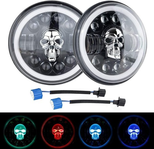 Pair 7" inch Round RGB Skull LED Headlights Halo DRL For Ford Model A 1930 1931 - Foto 11 di 19