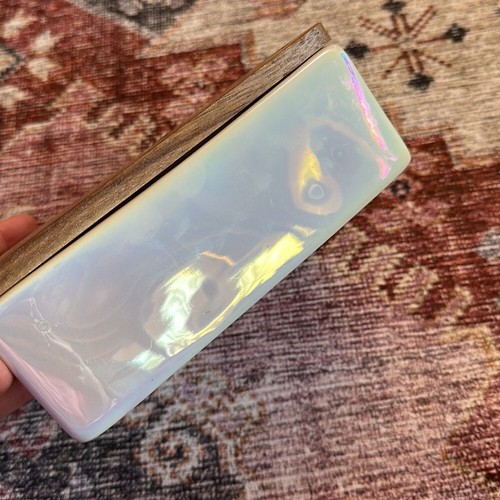 MOM or WOW box iridescent RAE DUNN ceramic with wooden lid storage Mother’s Day - Picture 4 of 6