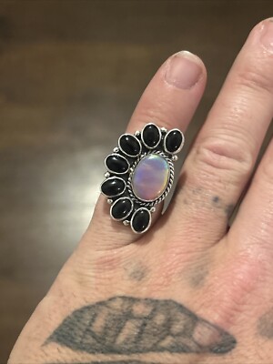 STERLING SILVER NATIVE AMERICAN SW AURORA OPAL ONYX ADJUSTABLE CLUSTER RING .925