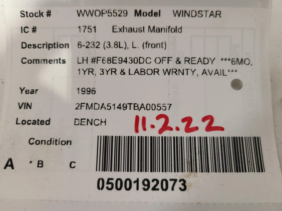 Used Front Left Exhaust Manifold fits: 1996 Ford Windstar 6-232 3.8L L. front Fr - Image 3 of 4