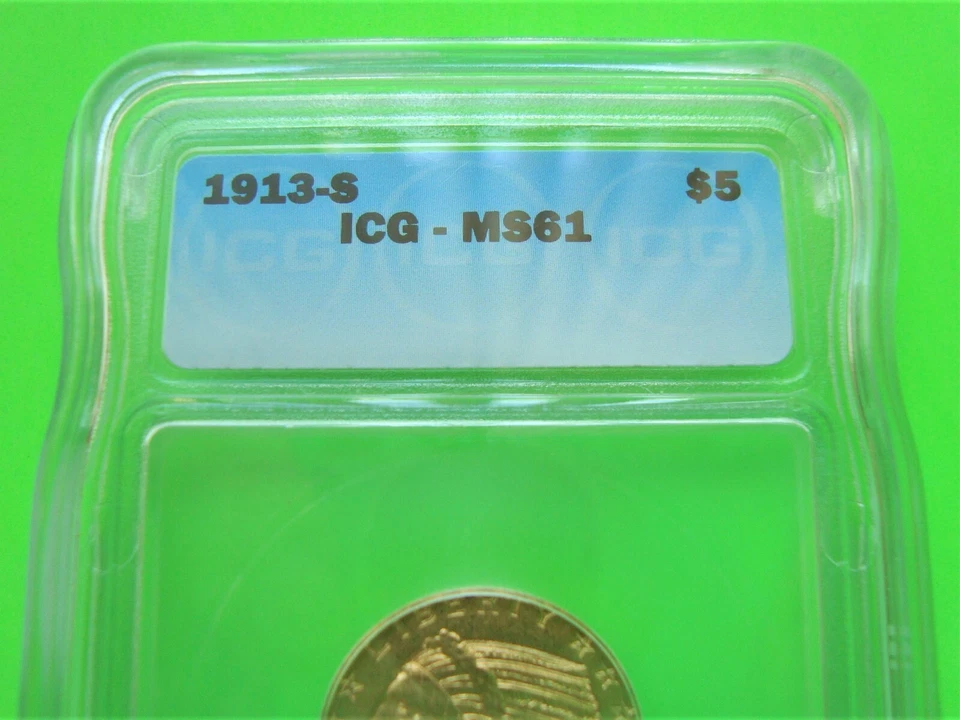 1913-S INDIAN $5 GOLD HALF EAGLE ICG MS61 Scarce Date RARE IN ANY MS + Free Ship - Image 3 of 4