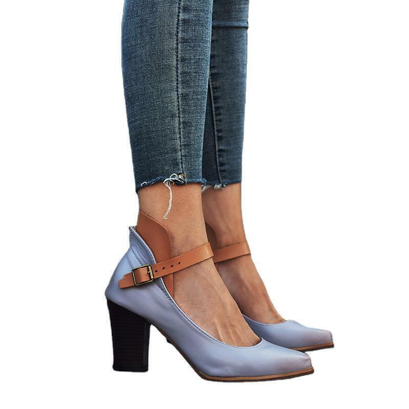 Women Ankle Strap Chunky Block Mid Heel Pump Retro Style Buckle