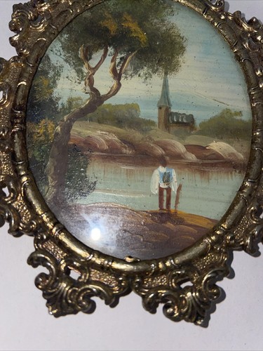 Antik/Vintage Miniatur Landschaft Gemälde auf Kupfer filigran Messingrahmen - Bild 4 von 12