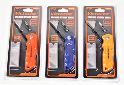 3PC Folding Lock-back Utility Knife With 24 Blades 3 Colors 310419