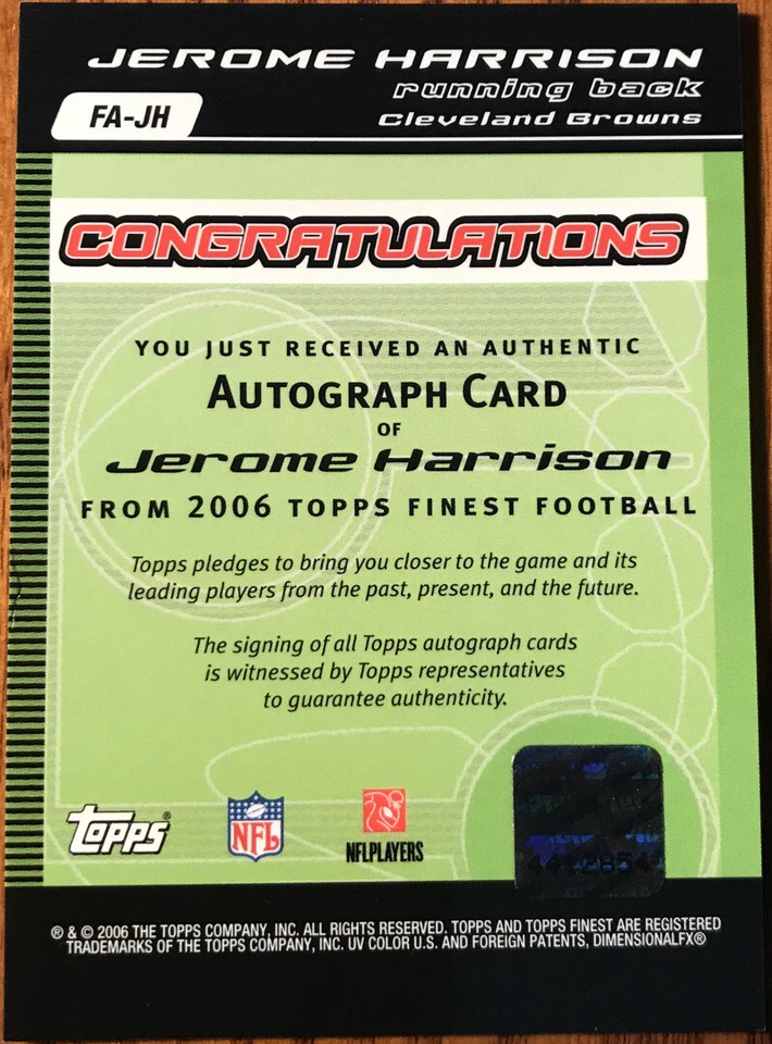 2006 Topps Finest Autographs Refractor Jerome Harrison FA-JH Cleveland Browns - Image 2 of 3