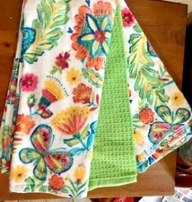 Truly Lou Flowers and Butterfly Kitchen Towels Set of 3 Vibrant Colors NEW