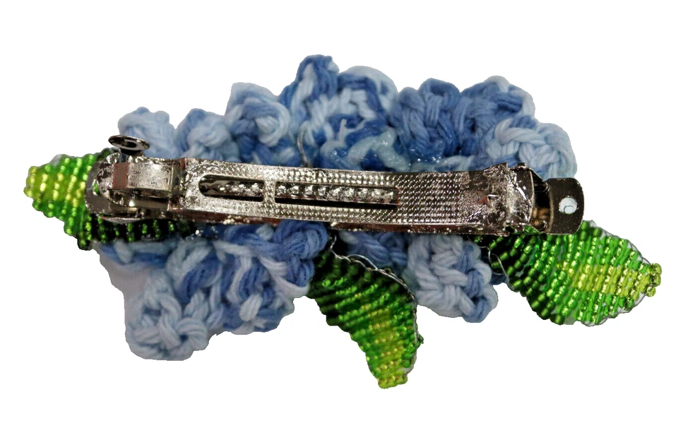 BARRETTE HAND BEADED & KNIT FRENCH HAIR CLIP UNIQUE 3.5" CLIP W/RHINESTONES BLUE - Image 2 of 2
