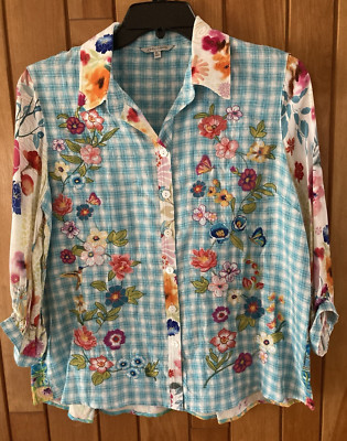 New John Mark Blue Turquoise Plaid Embroidered Floral Linen Shirt Top PL