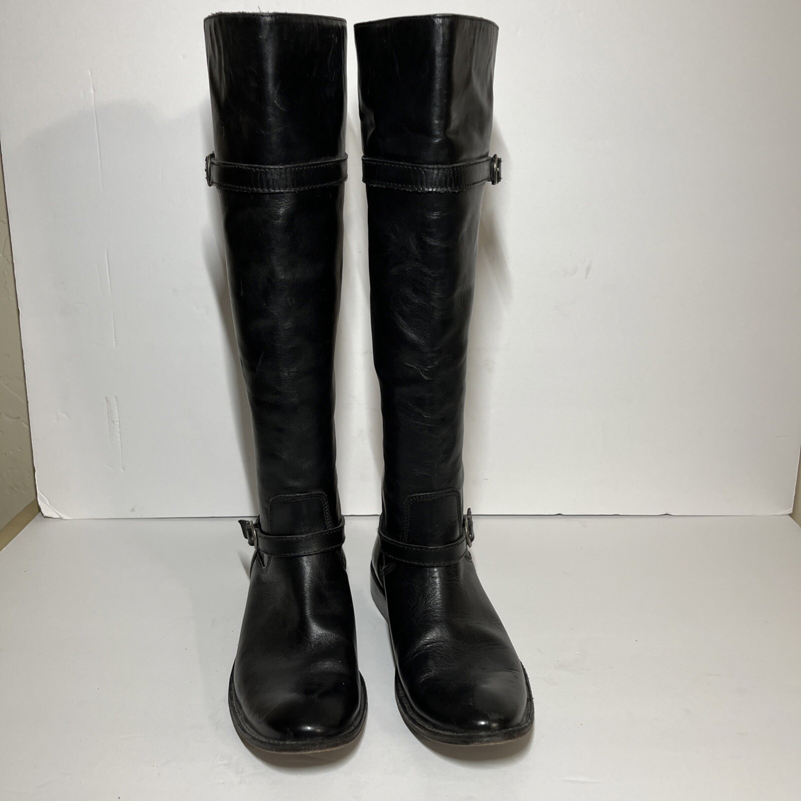 FRYE Black Leather Double Buckle Straps Knee High Boots Sz 7.5B