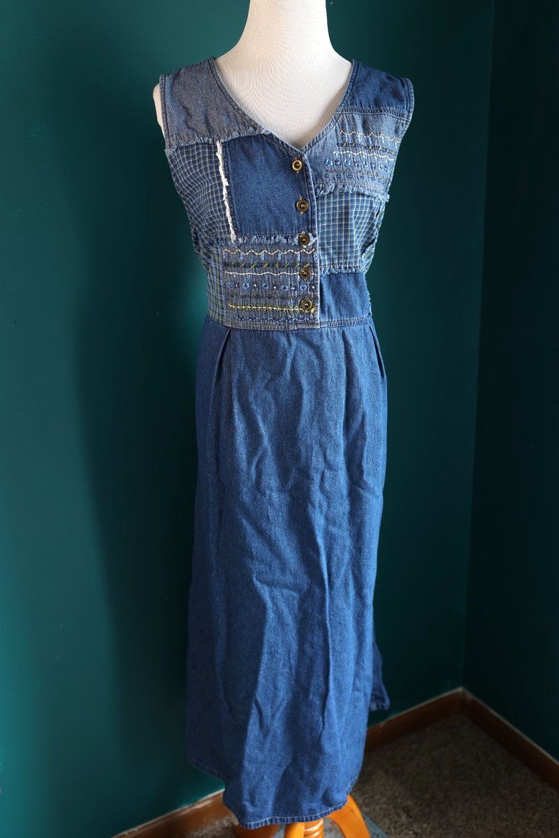 Vintage 90s Bobbie Brooks Denim Maxi Dress Jumper Patchwork Button Cottage  XL