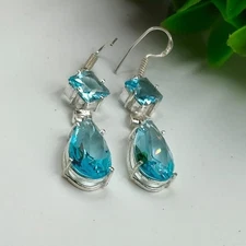 Blue Aquamarine Gemstone Handmade 925 Sterling Silver Jewelry Earring Size-1.65"