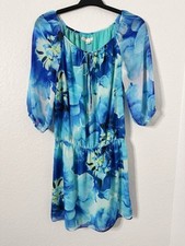Boston Proper Womens Blue Floral Long Sleeve Keyhole Neck Mini Dress Size S NWOT